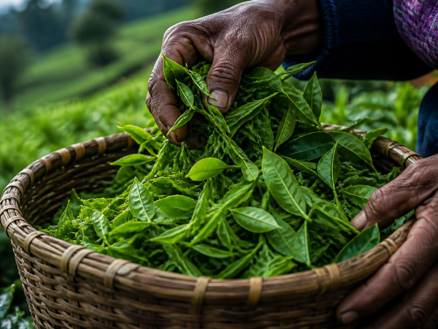 Hands gathering freshly plucked bright green tea leaves into a woven basket on a Ceylon tea estate